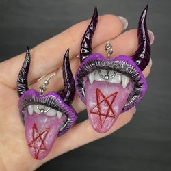 purple & black vampire lips earrings polymer clay