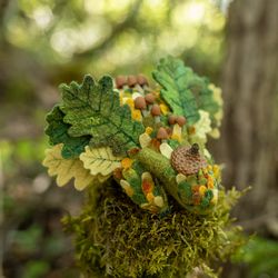 needle felted sleeping acorn dragon with toadstools