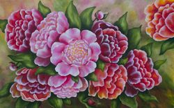 peony flowers painting oil, bouquet peony wall art, pink peonies flower canvas art, original art artwork by inna esina