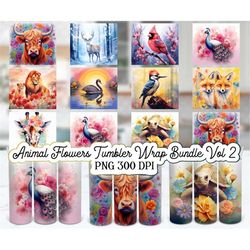 animal flowers watercolor tumbler wrap bundle, animal tumbler png, highland cow tumbler, sunflower tumbler png, cat wrap