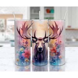 Watercolor Moose Flowers 20 oz Skinny Tumbler Sublimation Design, Straight And Tapered Tumbler Wrap