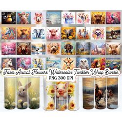 farm animal flowers watercolor tumbler wrap bundle png, animal tumbler png, watercolor wrap, flower tumbler png