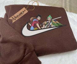 anime custom embroidered sweatshirt, nike x zoro luffy embroidered sweatshirt, custom anime embroidered crewneck, anime