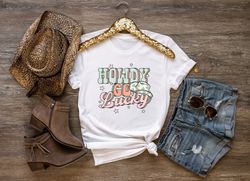 howdy go lucky, western st patricks day shirt, leopard print clover hat, womens st paddy