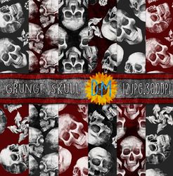 grunge skull seamless pattern, 12 halloween digital paper set for scrapbooking and crafting, trash polka background