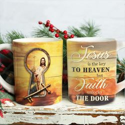 jesus coffee mugs, golden lock, jesus is the key to heaven but faith , christian coffee mugs, pastor gift