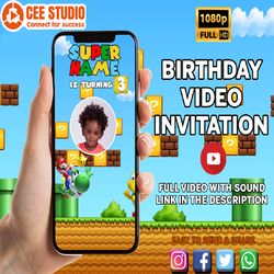 super mario invitation, super mario birthday video invitation, super mario birthday invitation, luigi, digital invite