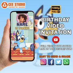 bluey birthday invitation, bluey video invitation, bluey bingo invitation, with free thank you tag, video birthday