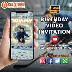 hockey birthday video invitation, hockey evite, hockey theme party, sports theme birthday, any age, video evite, boys