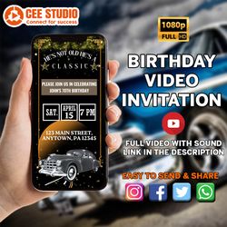 animated classic car themed video birthday party invitation, simple diy editable template send via text, he's not old