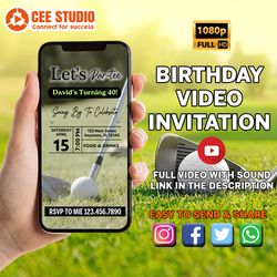 animated golf themed video birthday party invitation, simple diy editable template send via text, let's par-tee men