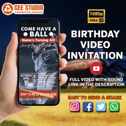 animated men's baseball themed birthday party invitation, simple diy editable template send via text, come have a ball