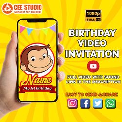 curious george invitation, digital invitation curios george, george 1st birthday video invitation