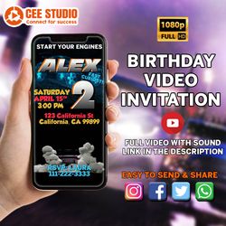 2 fast 2 curious birthday invitation, second birthday invitation, car racing invitation, video animated invitation