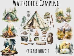 watercolor outdoor camping clipart, backpack, bonfire, tent, nature hiking clipart printable
