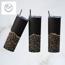 black leopard tumbler,black leopard straight skinny tumbler, black leopard gold agate sublimation wrap skinny tumbler