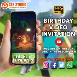 minecraft video invitation, minecraft invite, minecraft birthday, personalized video invitation, instant download