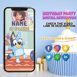 bluey birthday invitation, bluey video invitation, bluey bingo invitation, with free thank you tag, video birthday