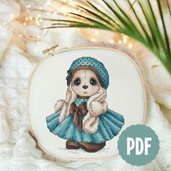 sapphire dress rabbit cross stitch pattern pdf, polka dot hat bunny cross stitch, animal cross stitch, instant download