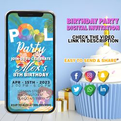 kids animated pool party birthday invitation | pool birthday evite video | pool party invitation | canva template