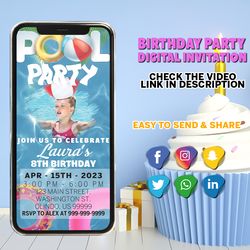 animated pool party birthday invitation | pool birthday evite video | pool party electronic invitation | canva template
