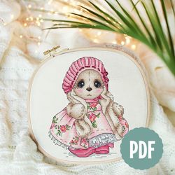 pale pink dress bunny cross stitch pattern pdf, rabbit cross stitch, cute animal cross stitch, instant download, lolita