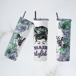 hair dresser stylist tumbler, hair dresser straight skinny tumbler,mom bun hair seamless sublimation wrap skinny tumbler