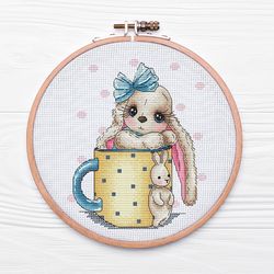 blue bow bunny girl cross stitch pattern pdf, cute rabbit cross stitch, instant download, yellow cup cross stitch