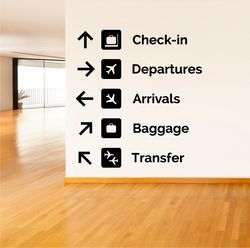 airport sticker, check-in, departures, arrivals, baggage, transfer, wall sticker vinyl decal mural art decor