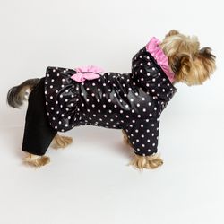 trendy black handmade pink dotted design jumpsuit for small dogs. with a hood and a pink bow on the back.