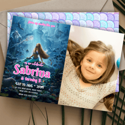 disney little mermaid birthday invitation, birthday disney mermaid invitation with photo canva editable instant download