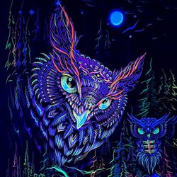 art print owls tapestry art "midnight owls" wall decor glow uv gobelin neon blacklight backdrop wall poster