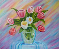 tulips flower painting oil, tulip wall art, flower canvas art, spring bouquet oil, original art artwork by inna esina