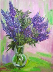 lupins painting, floral still life art, beautiful small bloom oil painting