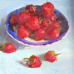 strawberries on a plate, original painting 8/8 inch fruit painting