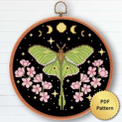 cottagecore luna moth with flowers and celestial moon cross stitch pattern