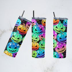 multicolored tumbler, multicolored straight skinny tumbler, colorful pumpkin halloween sublimation wrap skinny tumbler