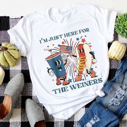 I'm Just Here For The Wieners T-Shirt, 4th July Hot Dog Mug Retro US Flag Print Tee, Patriotic Tee For Independence Day