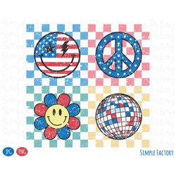 retro america fourth of july png, american hippie smiley face png, 4th of july disco ball png, peace png, vintage sublim