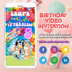 bluey video invitation for boy or girl, birthday animated invite, party celebration invitation for guests, bluey