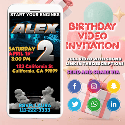 2 fast 2 curious birthday invitation, second birthday invitation, car racing invitation, video animated invitation