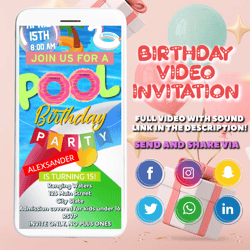 pool party video invitation, summer party video invite, canva template, digital invite, instant access, editable