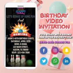 bowling party video invitation, editable bowling text invite, canva template, digital invite, instant access, editable