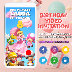 princess peach mario invitation, super princess video invitation, animated invitation, peach party