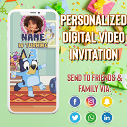 bluey birthday invitation, bluey video invitation, bluey bingo invitation, with free thank you tag, video birthday