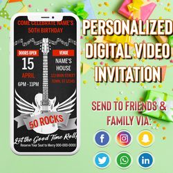 animated rock and roll themed digital birthday party invitation, simple diy editable template send via text