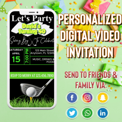 fun animated golf themed video birthday party invitation, simple diy editable template send via text, let's par-tee men