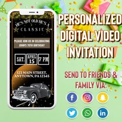 animated classic car themed video birthday party invitation, simple diy editable template send via text, he's not old