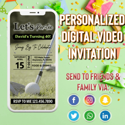 animated golf themed video birthday party invitation, simple diy editable template send via text, let's par-tee men