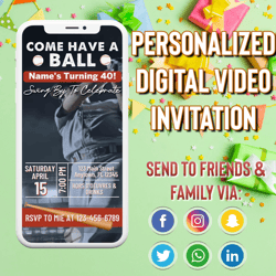 animated men's baseball themed birthday party invitation, simple diy editable template send via text, come have a ball